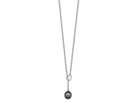 Rhodium Over Sterling Silver 9-10mm Teardrop Tahitian Saltwater Cultured Pearl Slide Necklace