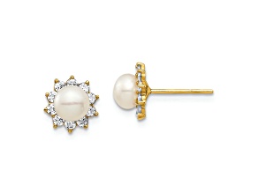 14K Yellow Gold Children's 5-6mm White Freshwater Cultured Pearl and Cubic Zirconia Stud Earrings
