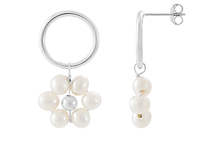 4-4.5mm White Cultured Freshwater Pearl and ball Rhodium Over Sterling Silver Earrings