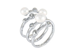 6-6.5mm White Button Cultured Freshwater Pearl and Cubic Zirconia Rhodium Over Silver Ring