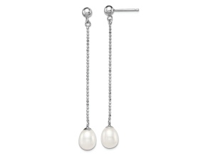 Rhodium Over Sterling Silver 7-8mm White Freshwater Cultured Pearl Post Dangle Earrings