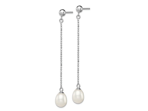 Rhodium Over Sterling Silver 7-8mm White Freshwater Cultured Pearl Post Dangle Earrings