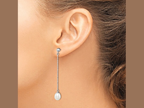 Rhodium Over Sterling Silver 7-8mm White Freshwater Cultured Pearl Post Dangle Earrings