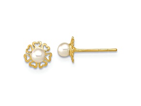 14k Yellow Gold 6mm Polished Small Heart Petals and Freshwater Cultured Pearl Stud Earrings