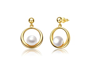 Sterling Silver 14K Gold Plated with White Freshwater Pearl Eternity Circle Halo Dangle Earrings