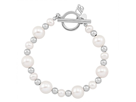 6-10mm Round White Freshwater Pearl and Beaded Sterling Silver Bracelet with Toggle Clasp