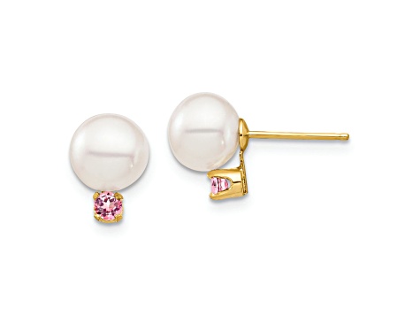 14K Yellow Gold 7-7.5mm White Round Freshwater Cultured Pearl Pink Topaz Post Earrings
