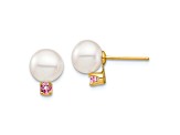 14K Yellow Gold 7-7.5mm White Round Freshwater Cultured Pearl Pink Topaz Post Earrings