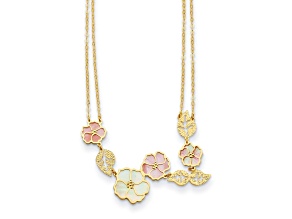 14K Yellow Gold Pink and White Mother Of Pearl Flower with Leaf 2 Strand and 18 Inch Necklace