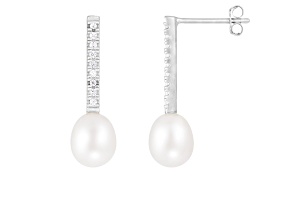 7.5-8mm White Cultured Freshwater Pearl and Cubic Zirconia Rhodium Over Sterling Silver Earrings