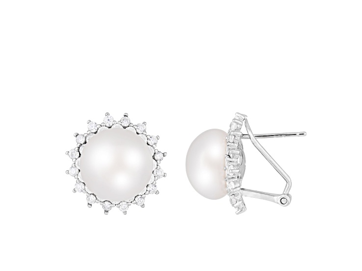 11-11.5mm White Cultured Freshwater Pearl and Cubic Zirconia Rhodium Over Sterling Silver Earrings