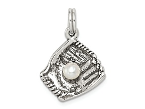 Sterling Silver Antiqued Baseball Glove with Simulated Pearl Charm