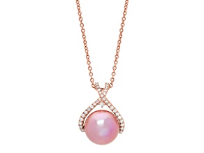 13-14mm Round Pink Freshwater Pearl with Diamond Accents 14K Rose Gold Pendant with Chain