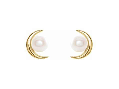 14K Yellow Gold 4mm Round Freshwater Pearl Crescent Moon Stud Earrings