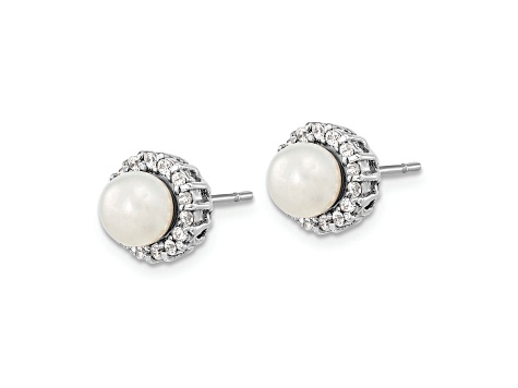 Rhodium Over Sterling Silver Cubic Zirconia and Freshwater Cultured Pearl Post Earrings