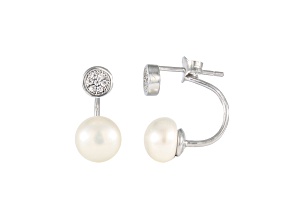 7.5-8mmWhite Cultured Freshwater Pearl and Cubic Zirconia Rhodium Over Sterling Silver Earrings