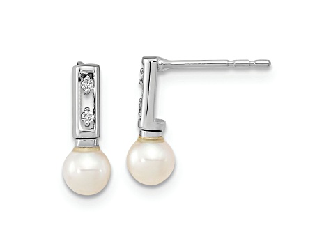 Rhodium Over 14K White Gold 3-4mm White Round Freshwater Cultured Pearl 0.02ctw Diamond Earrings