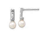 Rhodium Over 14K White Gold 3-4mm White Round Freshwater Cultured Pearl 0.02ctw Diamond Earrings