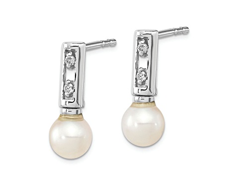 Rhodium Over 14K White Gold 3-4mm White Round Freshwater Cultured Pearl 0.02ctw Diamond Earrings