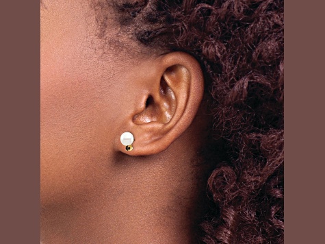 14K Yellow Gold 7-7.5mm White Round Freshwater Cultured Pearl Smokey Quartz Post Earrings