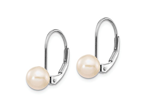Rhodium Over 14K White Gold 6-7mm Round Freshwater Cultured Pearl Leverback Earrings