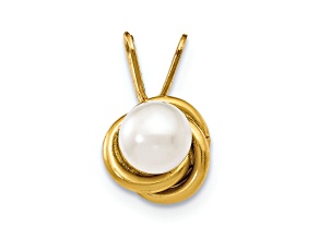 14k Yellow Gold Love Knot Pendant with 4mm White Round Freshwater Cultured Pearl