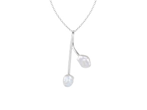 Dangling Keshi Freshwater Double Pearl Pendant in Rhodium Over Sterling Silver, 18" Chain Included