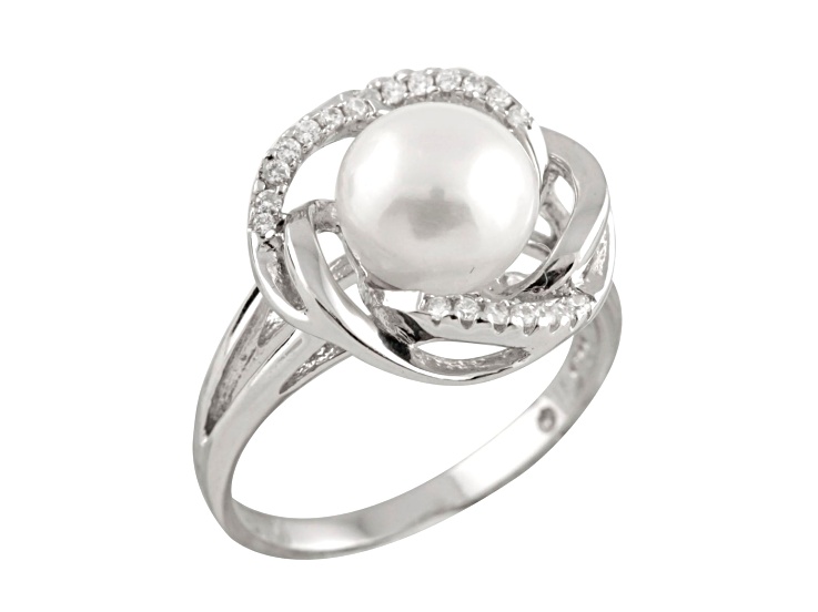 8-9mm White Button Cultured Freshwater Pearl and Cubic Zirconia Rhodium Over Silver Ring