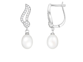 7-8mm White Cultured Freshwater Pearl and Cubic Zirconia Rhodium Over Sterling Silver Earrings