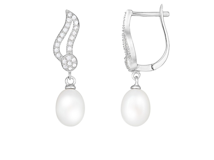 7-8mm White Cultured Freshwater Pearl and Cubic Zirconia Rhodium Over Sterling Silver Earrings