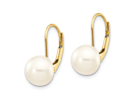 14K Yellow Gold 8-9mm White Button Freshwater Cultured Pearl Leverback Earrings