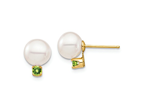 14K Yellow Gold 7-7.5mm White Round Freshwater Cultured Pearl Peridot Post Earrings