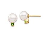 14K Yellow Gold 7-7.5mm White Round Freshwater Cultured Pearl Peridot Post Earrings