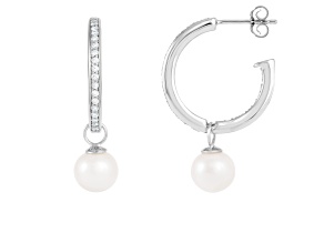 7.5-8mm White Cultured Freshwater Pearl and Cubic Zirconia Rhodium Over Sterling Silver Earrings