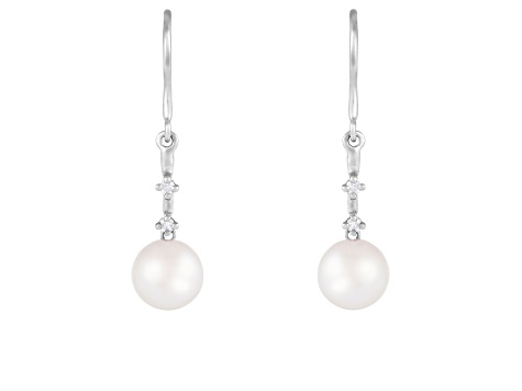 7-7.5mm Akoya Pearl with Diamond Accent 14K White Gold Dangle Earrings, 0.08ctw