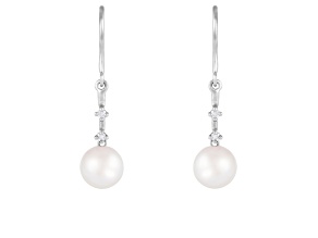 7-7.5mm Akoya Pearl with Diamond Accent 14K White Gold Dangle Earrings, 0.08ctw