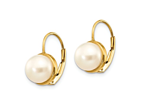 14K Yellow Gold 6-7mm White Button Freshwater Cultured Pearl Leverback Earrings