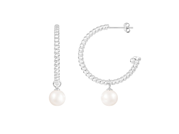 White Cultured Freshwater Pearl Rhodium Over Sterling Silver 7-8mm Round Earrings