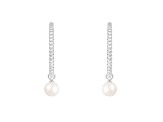 White Cultured Freshwater Pearl Rhodium Over Sterling Silver 7-8mm Round Earrings