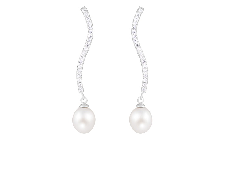 7½-8mm White Cultured Freshwater Pearl and Cubic Zirconia Rhodium Over Sterling Silver Earrings