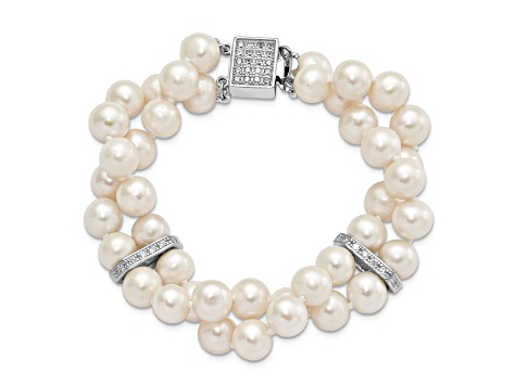Rhodium Over Sterling Silver 7-8mm White Freshwater Cultured Pearl 2-Strand CZ Fancy Bracelet