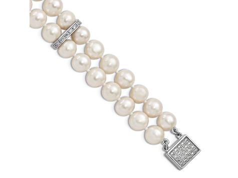 Rhodium Over Sterling Silver 7-8mm White Freshwater Cultured Pearl 2-Strand CZ Fancy Bracelet