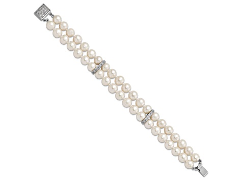 Rhodium Over Sterling Silver 7-8mm White Freshwater Cultured Pearl 2-Strand CZ Fancy Bracelet