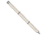 Rhodium Over Sterling Silver 7-8mm White Freshwater Cultured Pearl 2-Strand CZ Fancy Bracelet