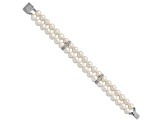 Rhodium Over Sterling Silver 7-8mm White Freshwater Cultured Pearl 2-Strand CZ Fancy Bracelet