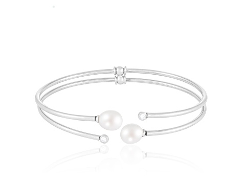 7.5-8mm and 2mm White Cultured Freshwater Pearl Silver  Bracelet