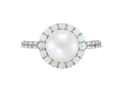 8-8.5mm Round White Freshwater Pearl with Opal and White Sapphire Sterling Silver Halo Ring