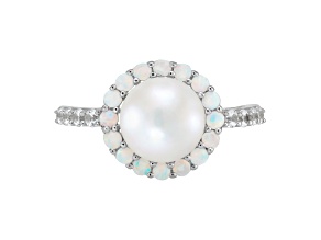 8-8.5mm Round White Freshwater Pearl with Opal and White Sapphire Sterling Silver Halo Ring
