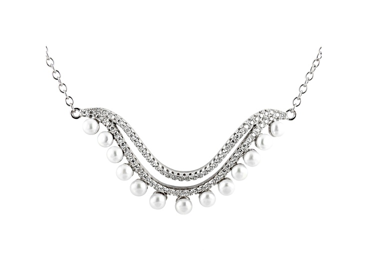 3-3.5mm Button White Cultured Freshwater Pearl and Cubic Zirconia Rhodium Over Sterling Necklace