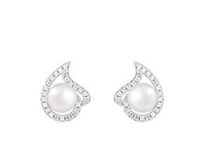 7-7.5mm White Cultured Freshwater Pearl and Cubic Zirconia Rhodium Over Sterling Silver Earrings